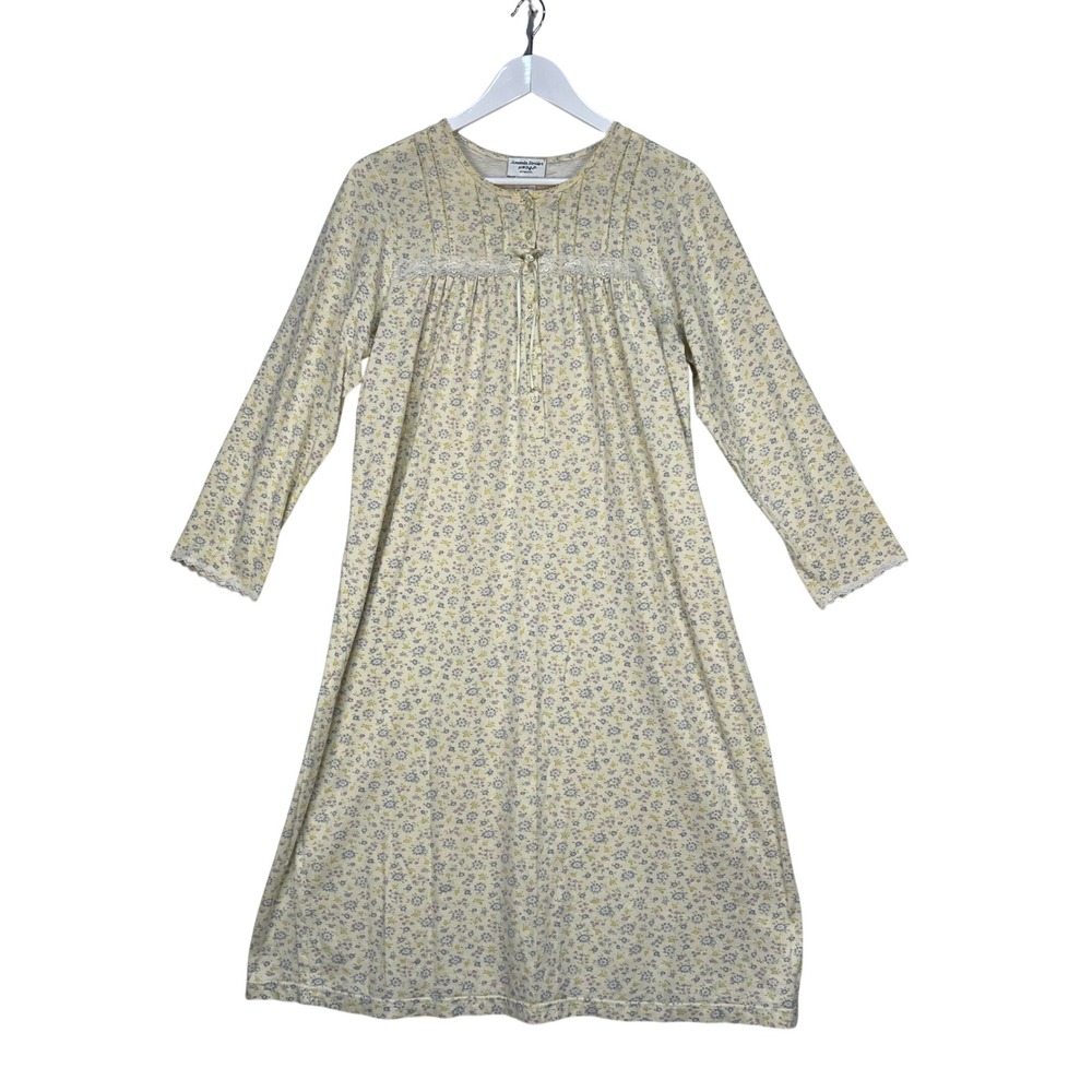 Amanda Stewart Cream Floral Nightgown Daydress M Lace Trim Pintuck Long Sleeve